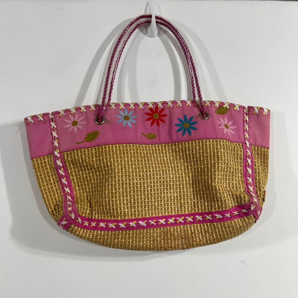Franco Sarto Beachy Fisherman Woven Straw Floral Embroidered Tote Bag Summer 90s